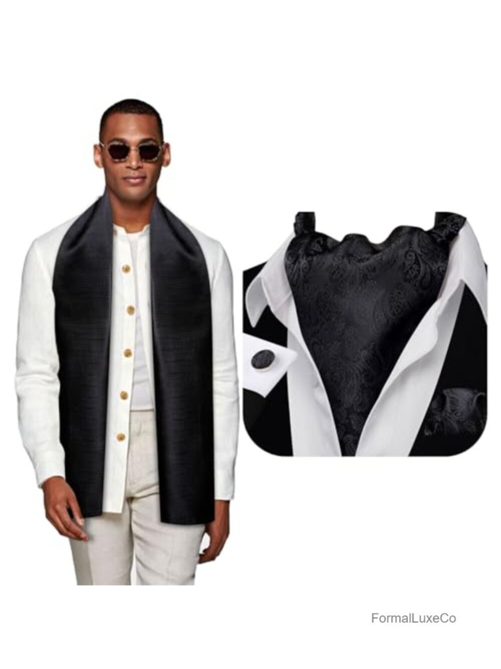 Men's Silk Scarf & Ascot Tie Set with Pocket Square Cufflinks Formal Party Prom
